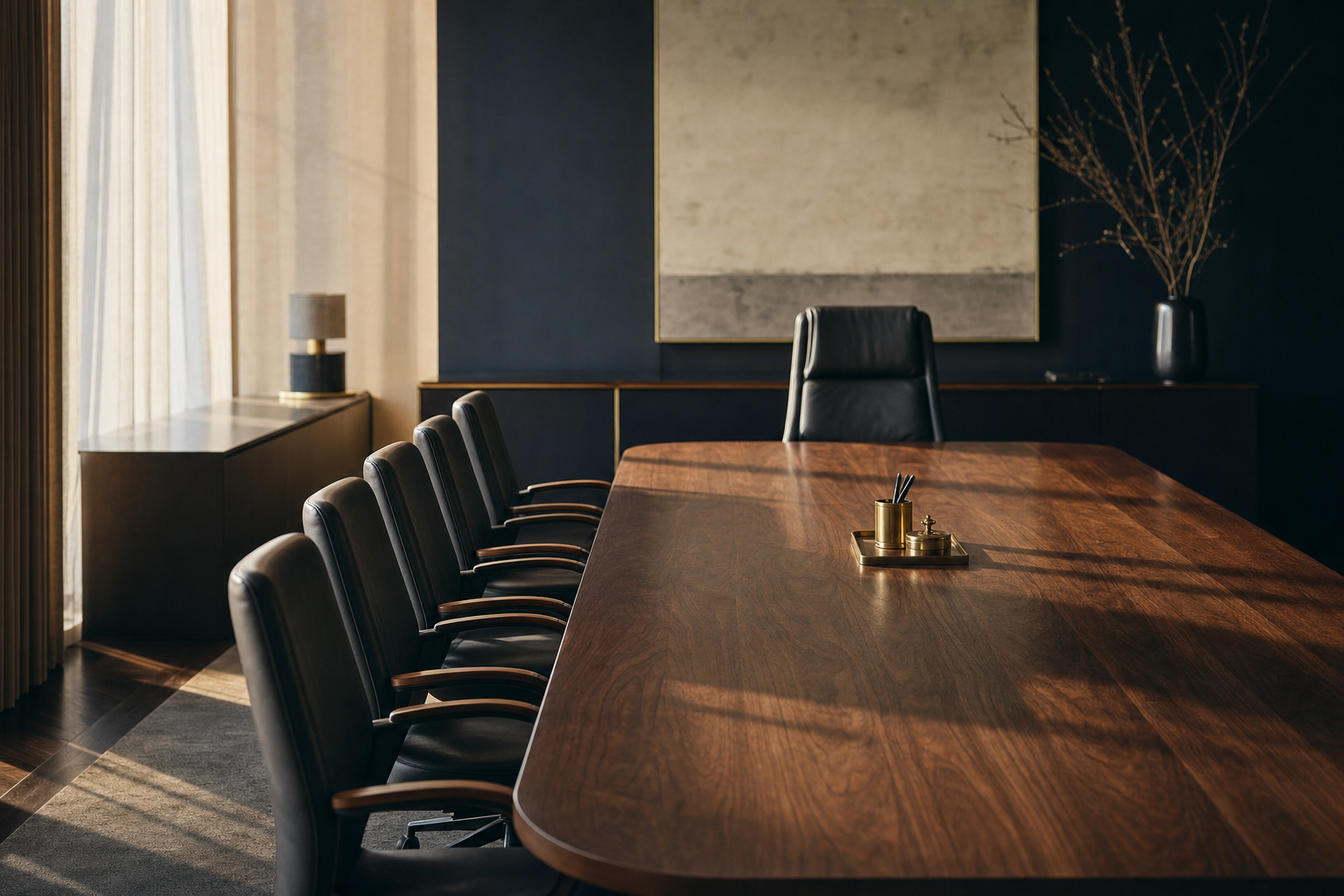 An empty executive boardroom lit by warm afternoon light, waiting for its next advisors.